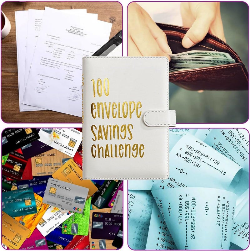 AASLOB 100 Envelopes Money Saving Challenge, 100 Envelope Challenge Binder, Easy and Fun Way to Save $5,050, Savings Challenges Budget Book Binder with Cash Envelopes for Office,Home,School (White) - Image 5